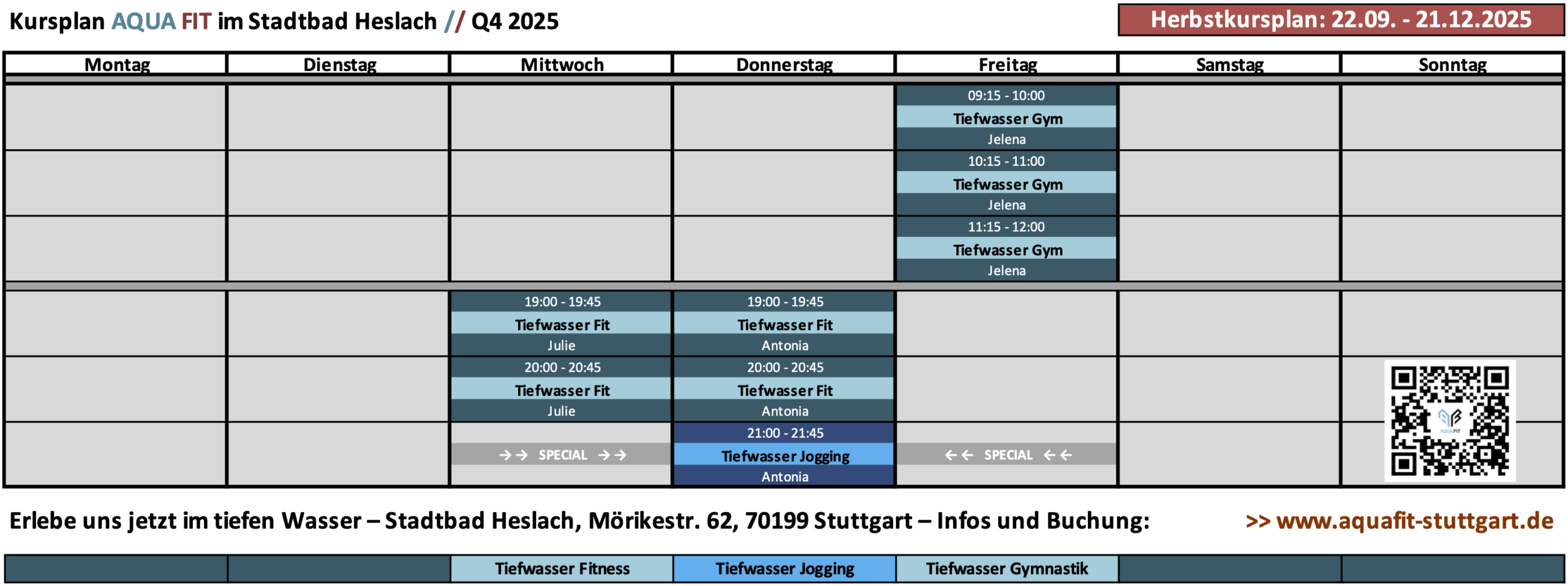Aqua Fitness HErbst 2025 – Kursprogramm Stadtbad Heslach – Tiefwasserkurse