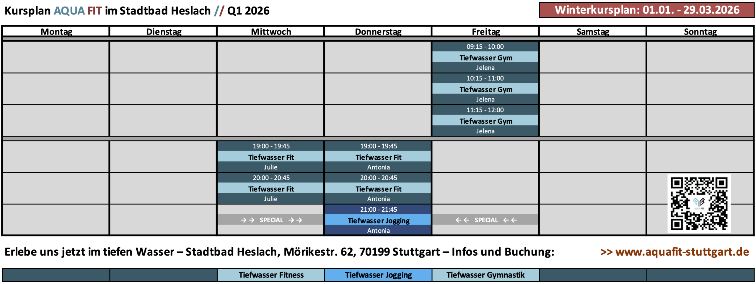 Aqua Fitness Winter 2026 – Kursprogramm Stadtbad Heslach – Tiefwasserkurse