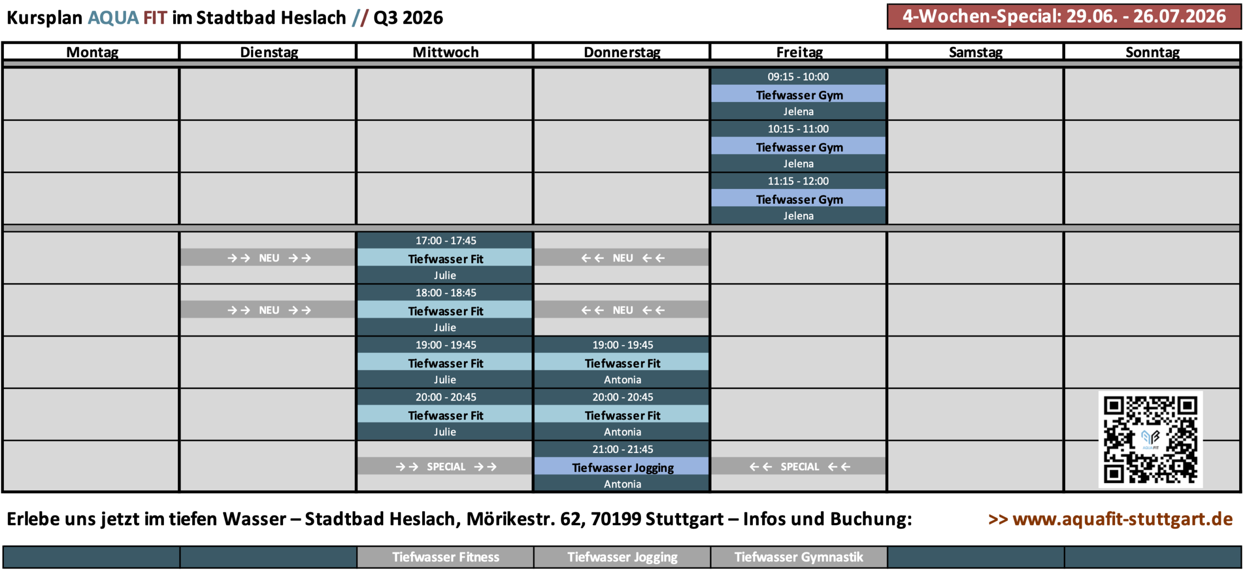 Aqua Fitness Sommer 2026 – Kursprogramm Stadtbad Heslach – Tiefwasserkurse