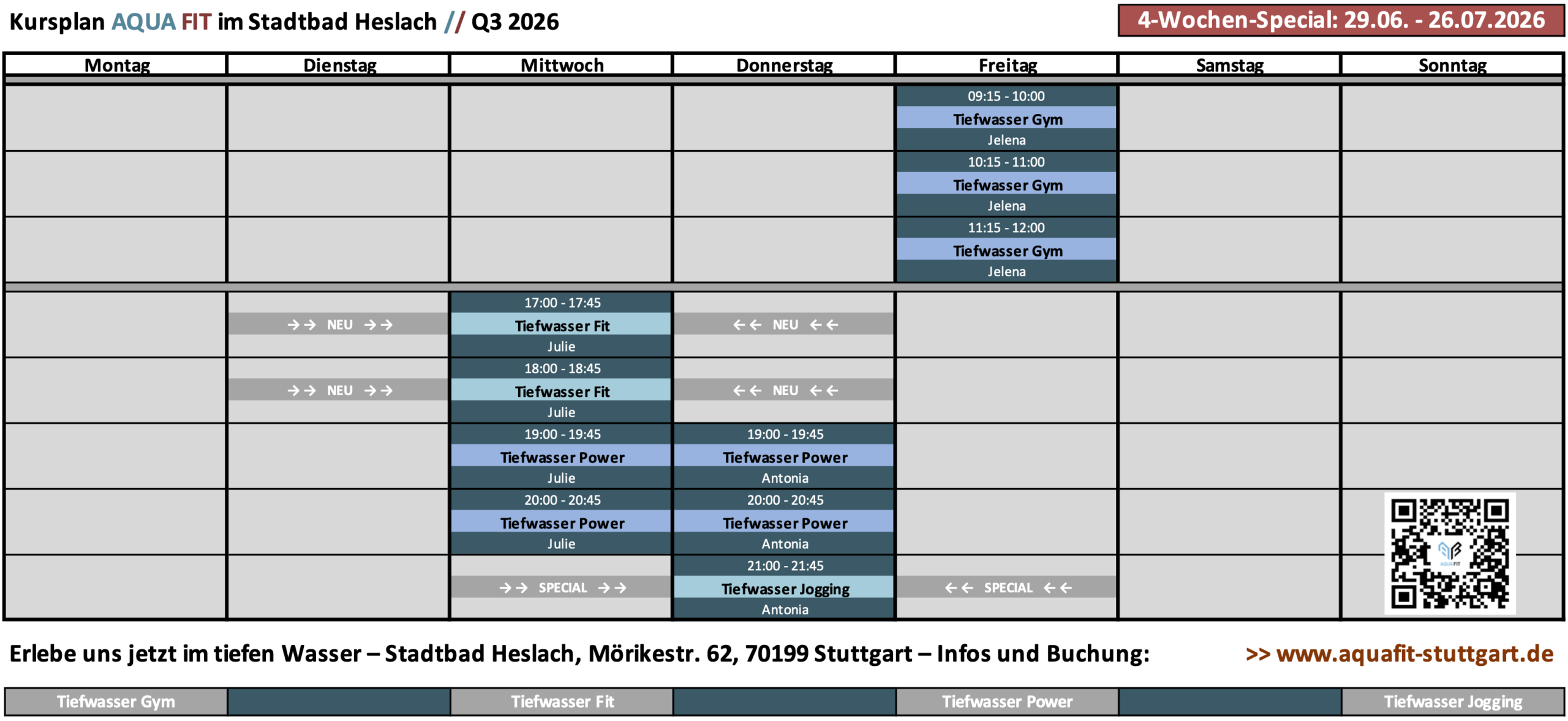 Aqua Fitness Sommer 2026 – Kursprogramm Stadtbad Heslach – Tiefwasserkurse