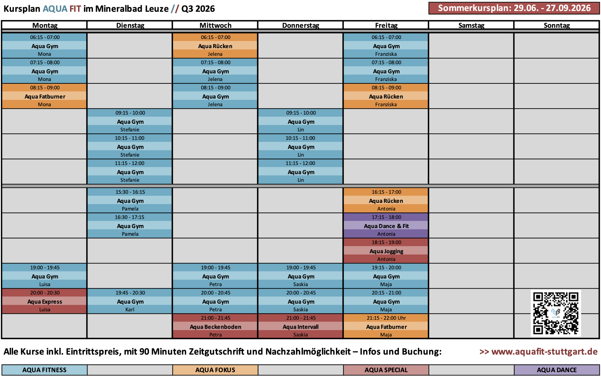 Aqua Fitness Sommer 2026 – Kursprogramm LEUZE – Specials und Fokuskurse