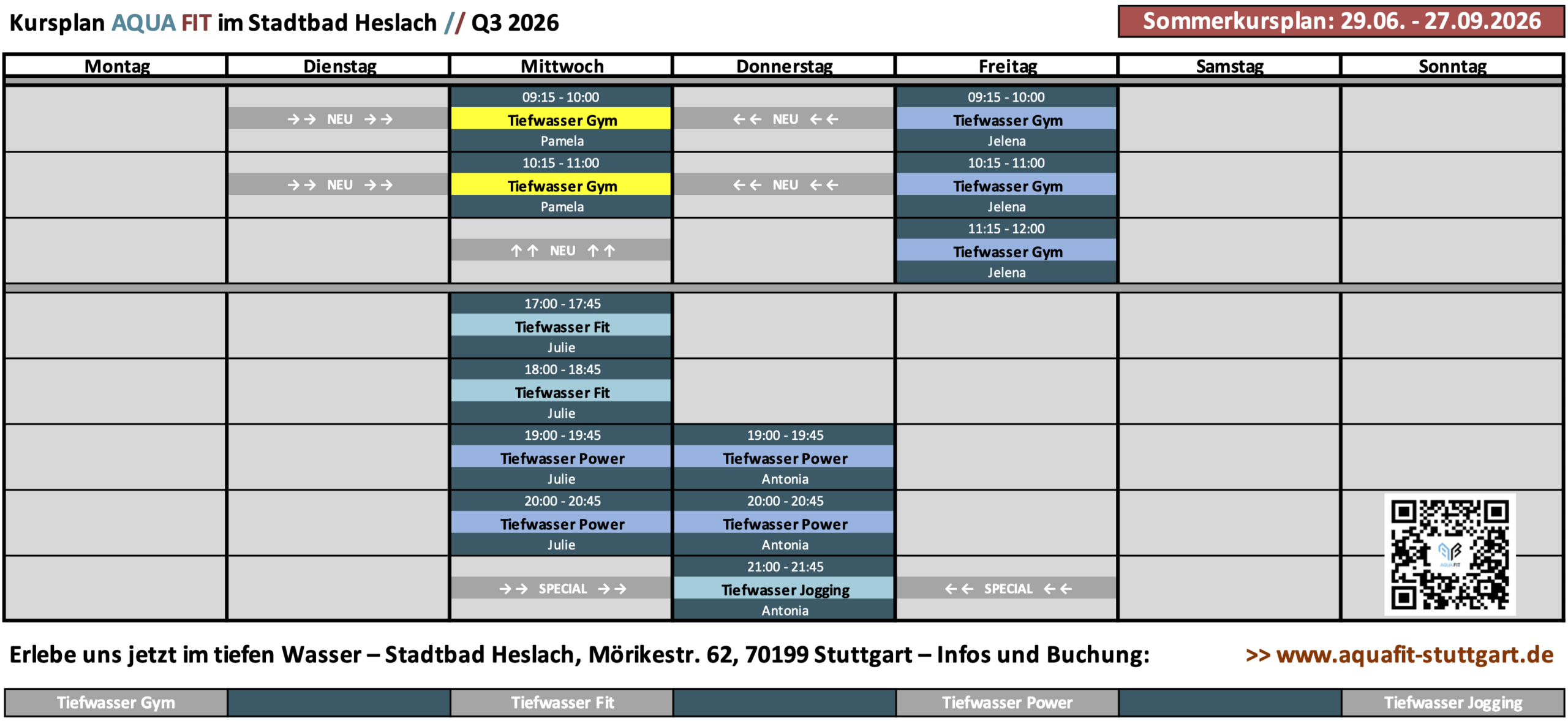 Aqua Fitness Sommer 2026 – Kursprogramm Stadtbad Heslach – Tiefwasserkurse