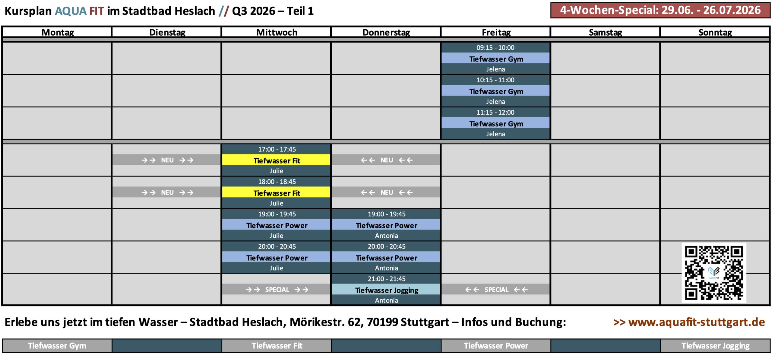 Aqua Fitness Sommer 2026 – Teil 1 – Kursprogramm Stadtbad Heslach – Tiefwasserkurse