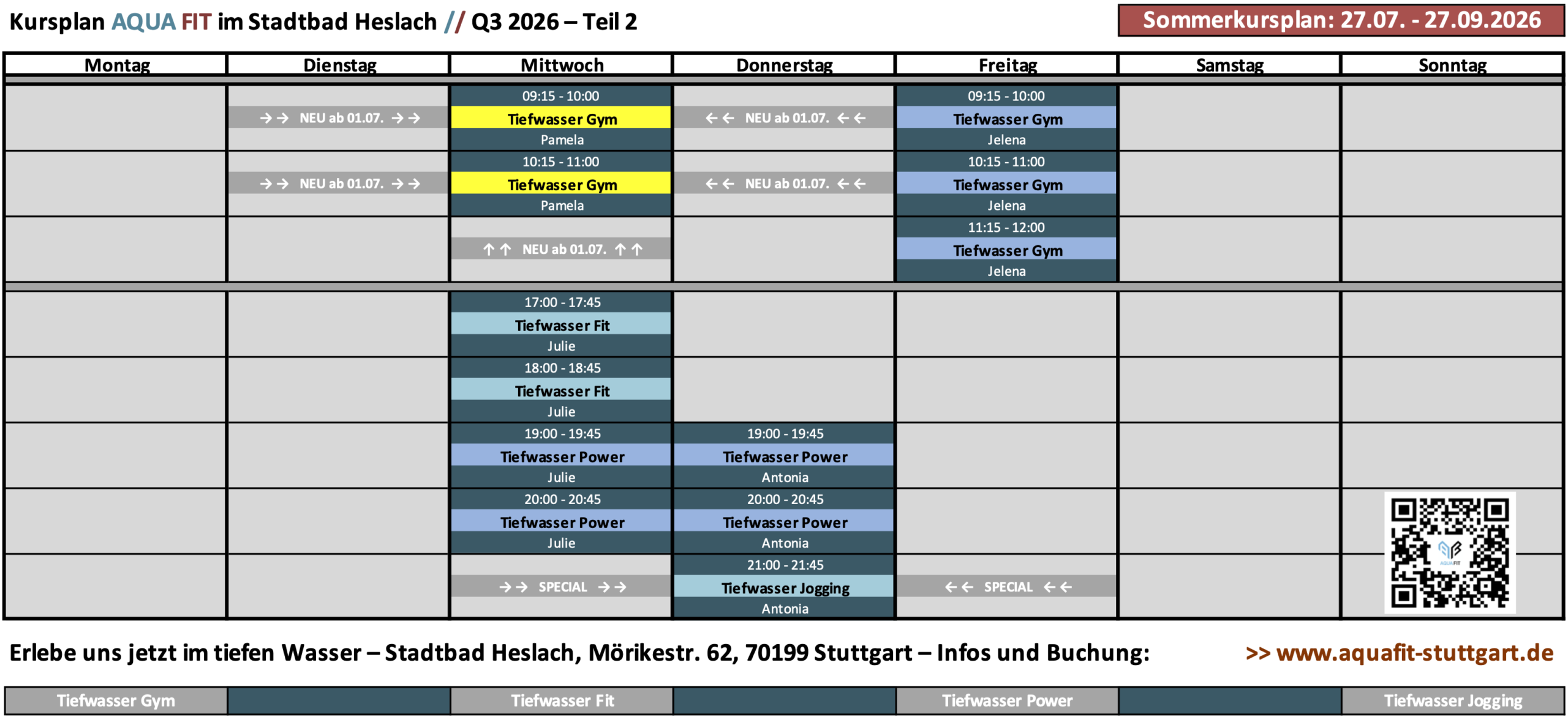 Aqua Fitness Sommer 2026 – Teil 2 – Kursprogramm Stadtbad Heslach – Tiefwasserkurse