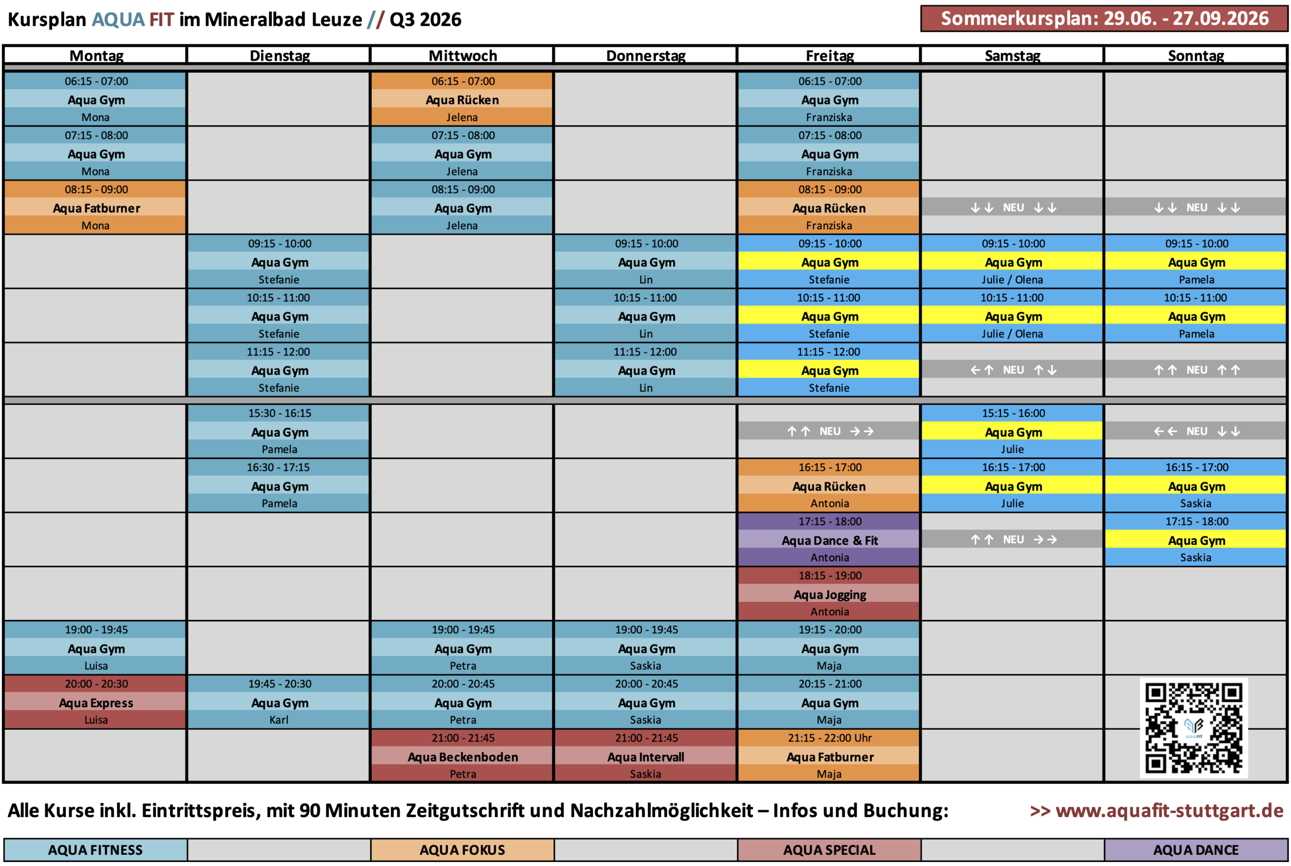 Aqua Fitness Sommer 2026 – Kursprogramm LEUZE – Specials und Fokuskurse