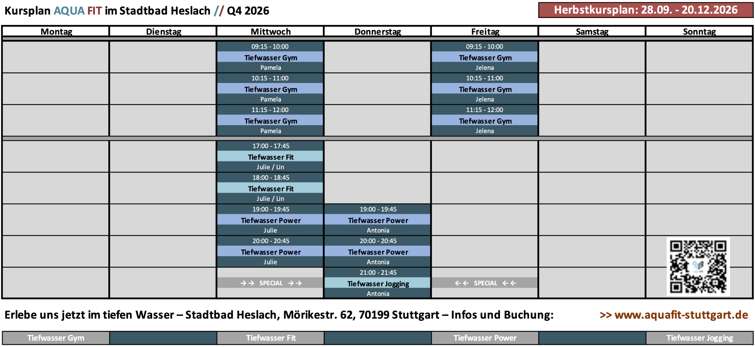 Aqua Fitness Herbst 2026 – Kursprogramm Stadtbad Heslach – Tiefwasserkurse